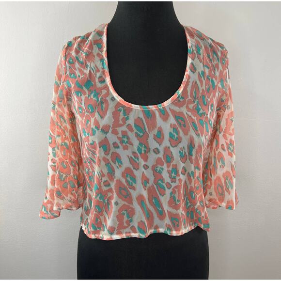 Lovers + Friends Cream Salmon Teal Animal Print Flutter Sleeve Sheer Crop Top XS - Picture 1 of 8
